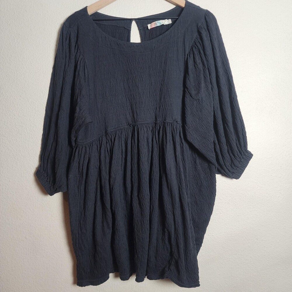 FP Beach Dress Women Small Black Crinkle Trapeze Swing 3/4 Sleeve Pockets Casual